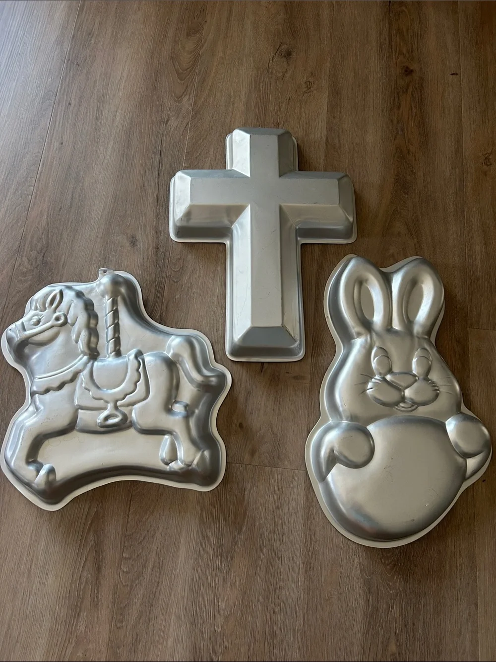 Silver Bunny with egg, Carousel Horse & Cross cake pans